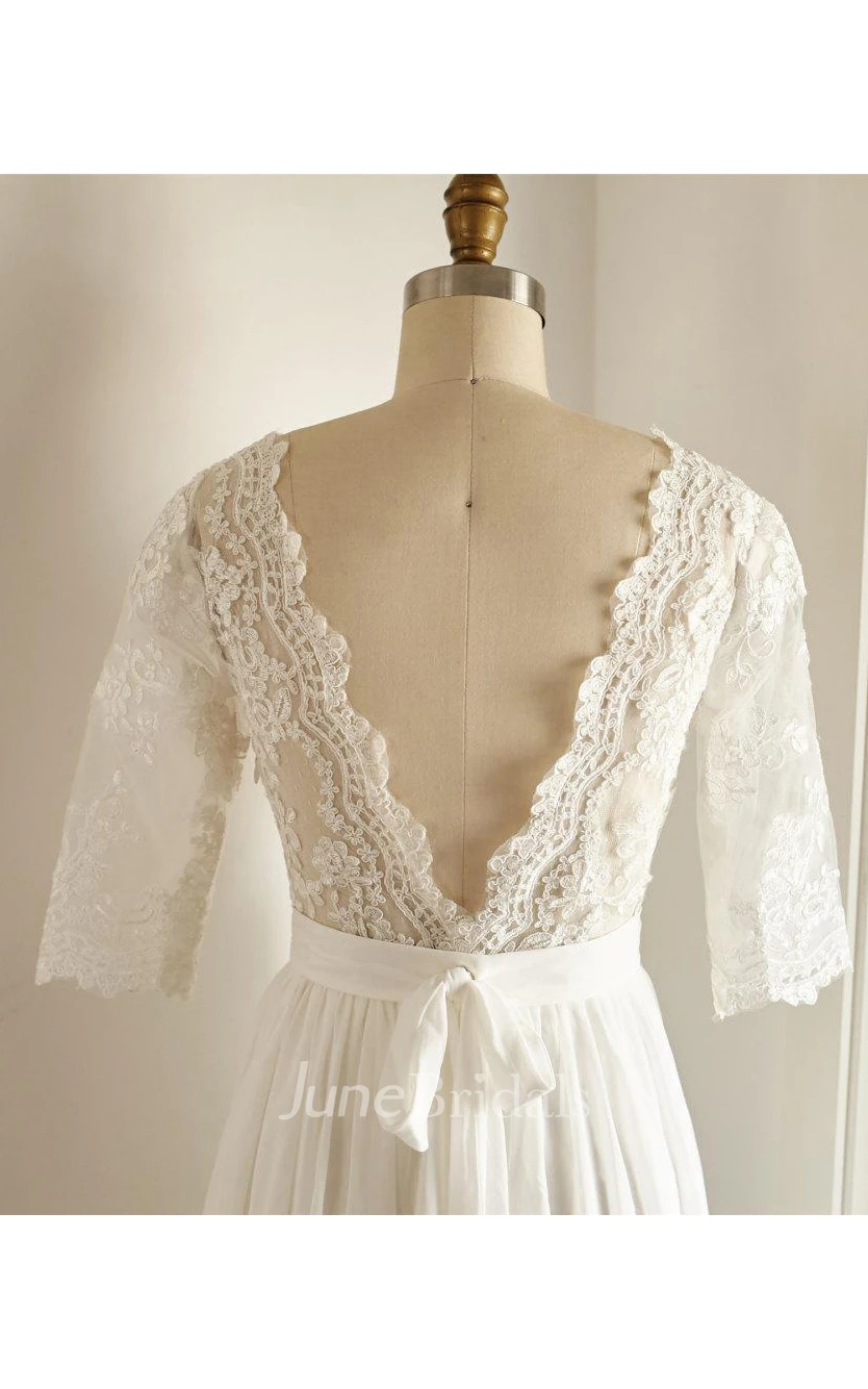 Backless Chiffon Lace Satin Weddig Dress With Low-V Back