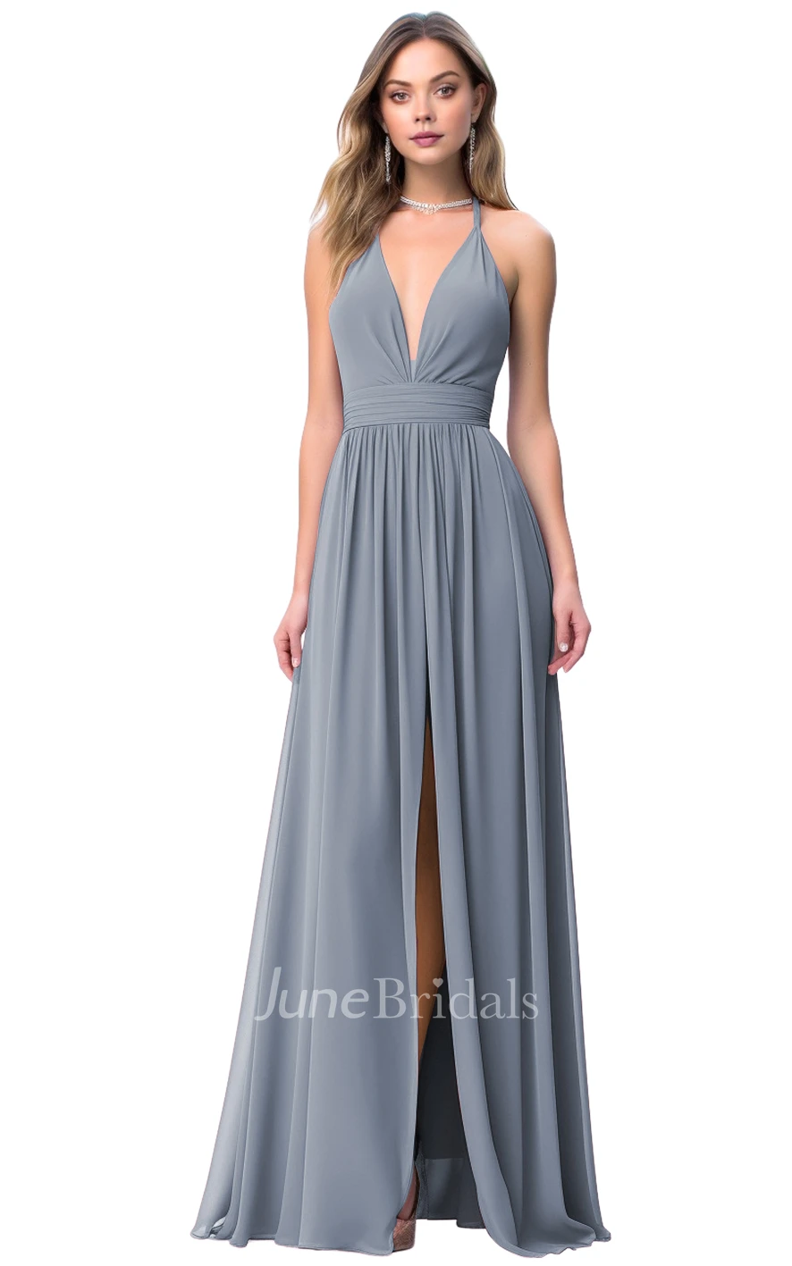 Gorgeous A-Line Plunging Neck Bridesmaid Dress with Split Front