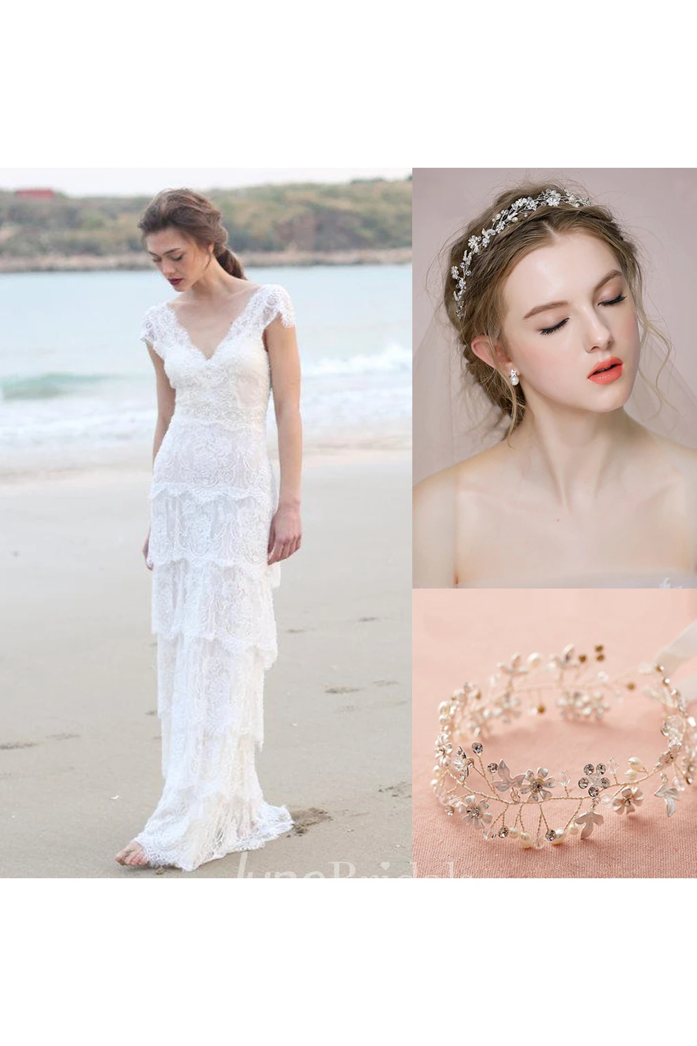 Sheath Cap-Sleeve Tired Wedding Dress and Bridal Crown Headdress Hair Band