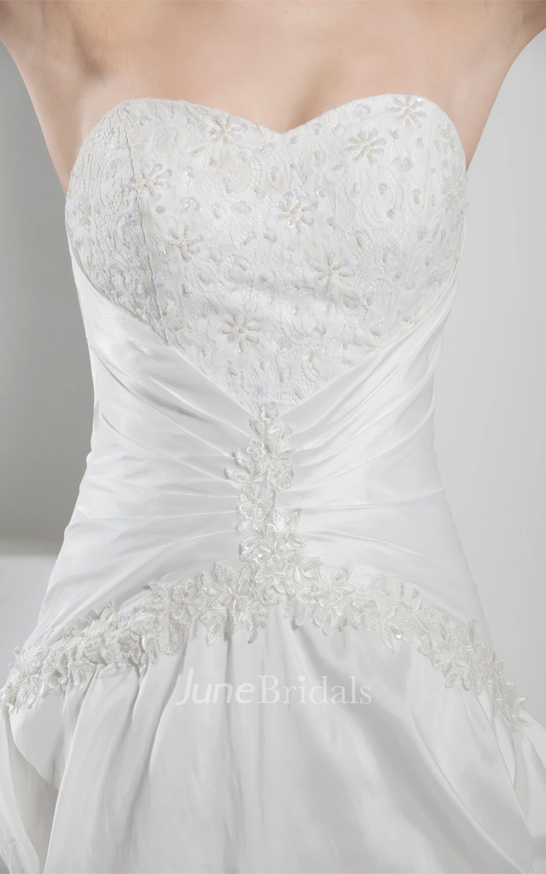 Sweetheart Pick-Up Appliqued Ball Gown with Ruching and Court Train