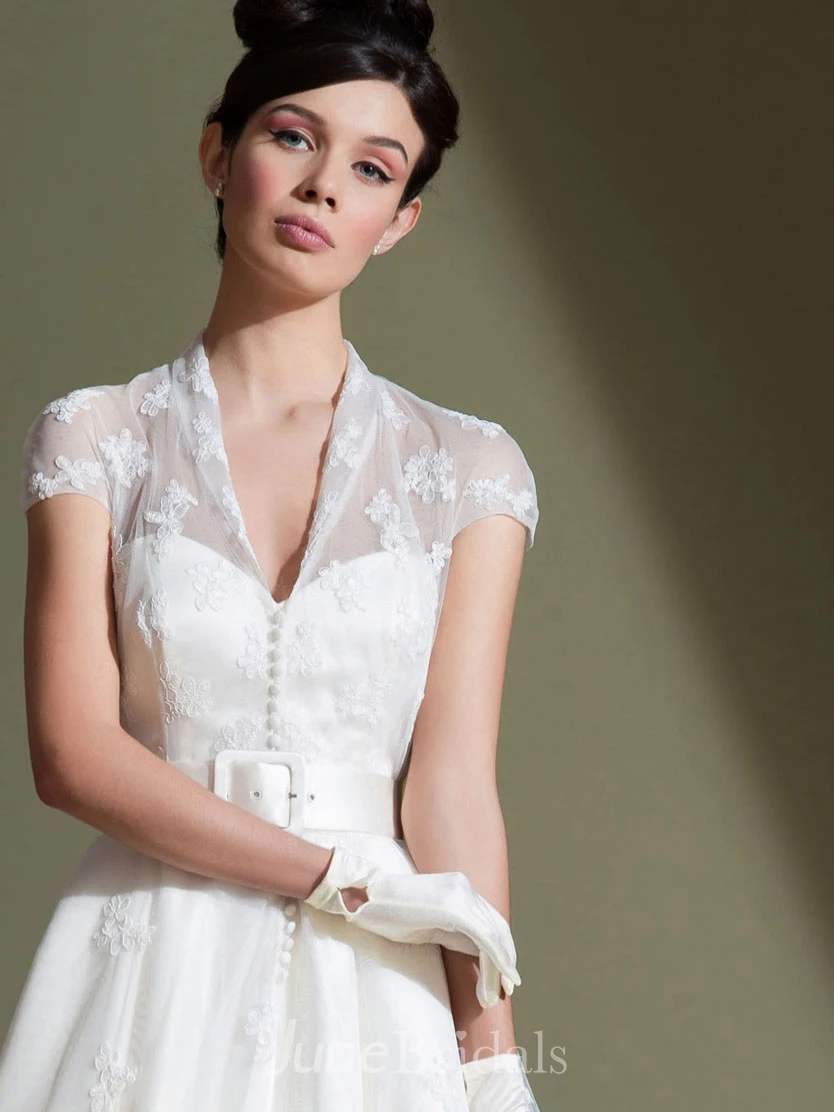 Ankle-Length A-Line V-Neck Cap Sleeve Appliqued Tulle Wedding Dress
