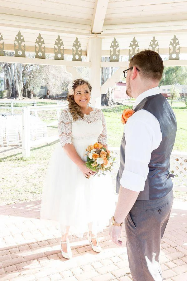 Elegant Lace Illusion Half Sleeve Wedding Dress Plus Size A-line