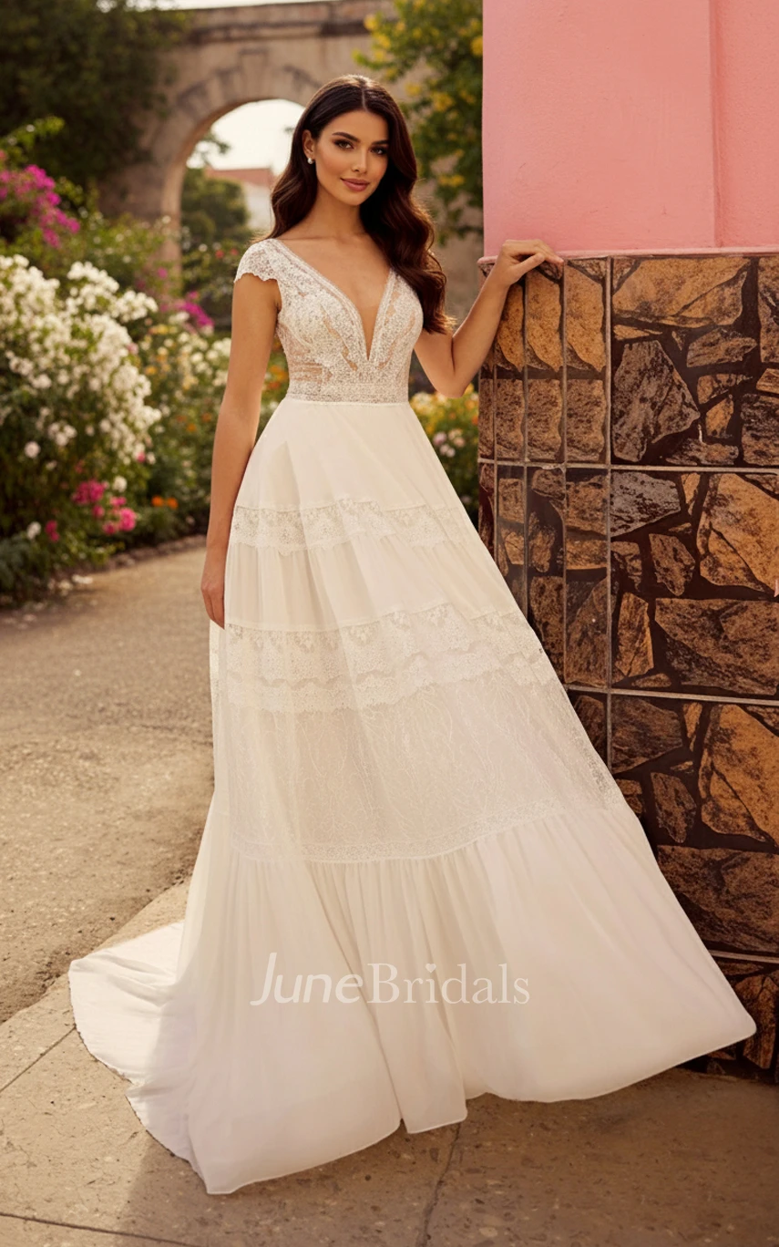 Bohemian A-Line Lace Beach Wedding Dress Romantic Cap Sleeves V-Neck Chiffon Bridal Gown