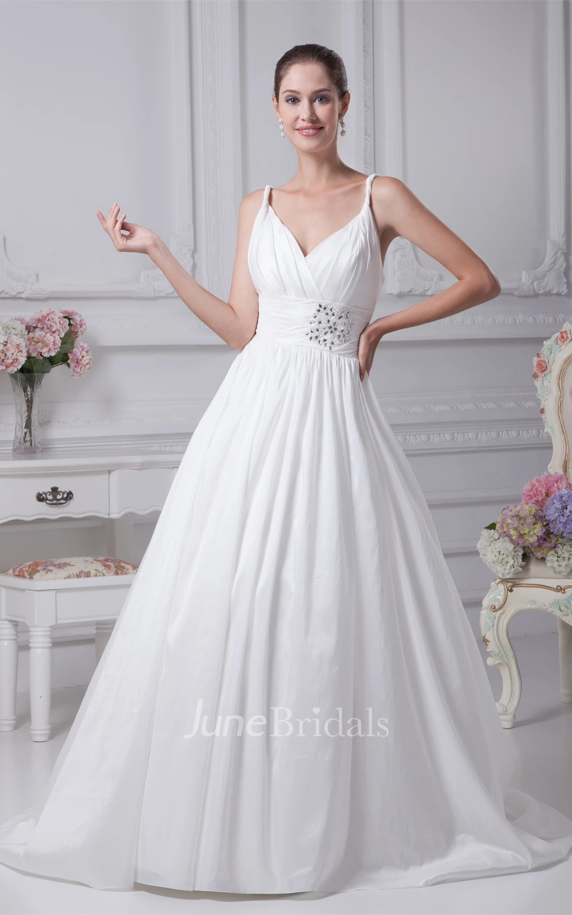 Spaghetti-Strap Plunged A-Line Gown with Broach and Pleats