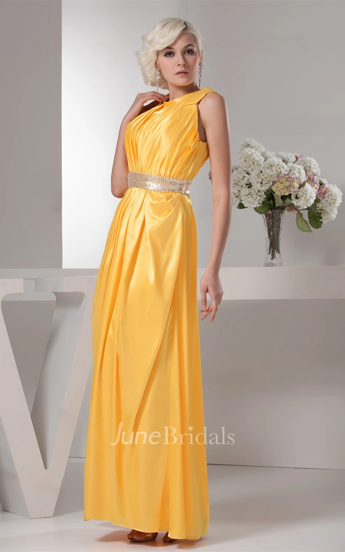 Caped-Sleeve Ruched Ankle-Length Dress with Gemmed Waist