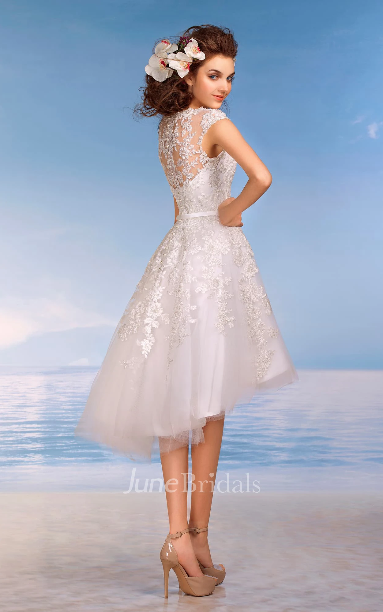 A-Line Knee-Length V-Neck Cap-Sleeve Illusion Lace Dress With Appliques And Pleats