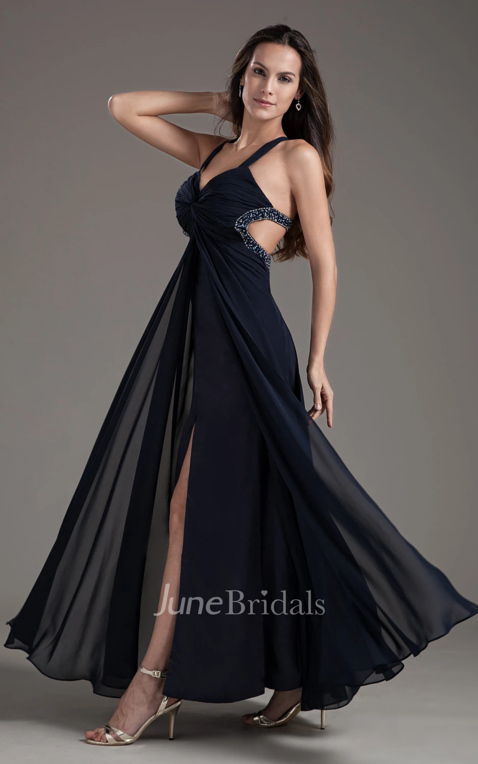 Vibrant Sleeveless Front Long Dress With Crystal Detailings