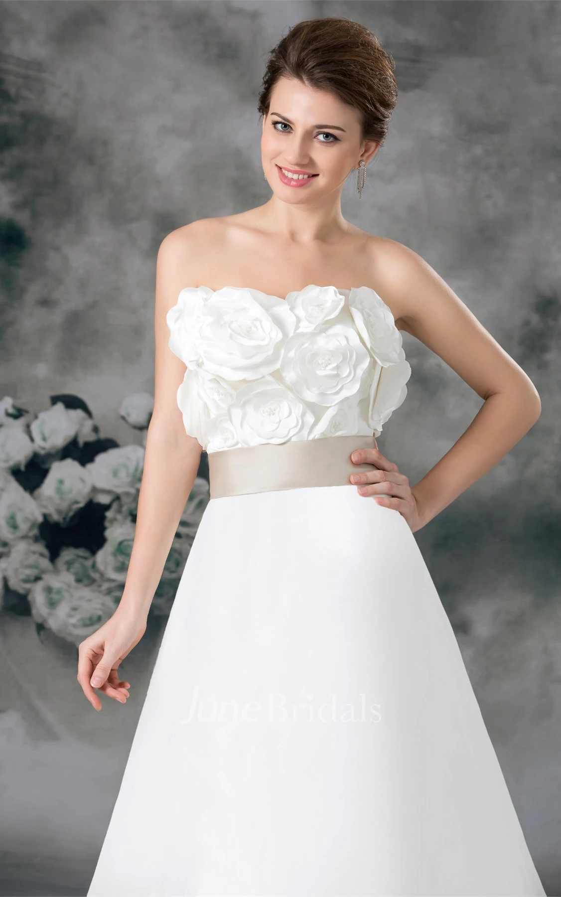 strapless a-line satin dress with floral embellishment