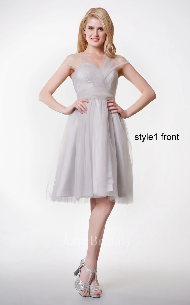 Short Sleeve Pleated Short A-line Tulle Dress With Changeable Ruched Belt