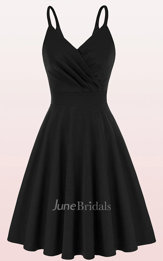 A Line V-neck Jersey Sleeveless Prom Cocktail Dress With Ruffles