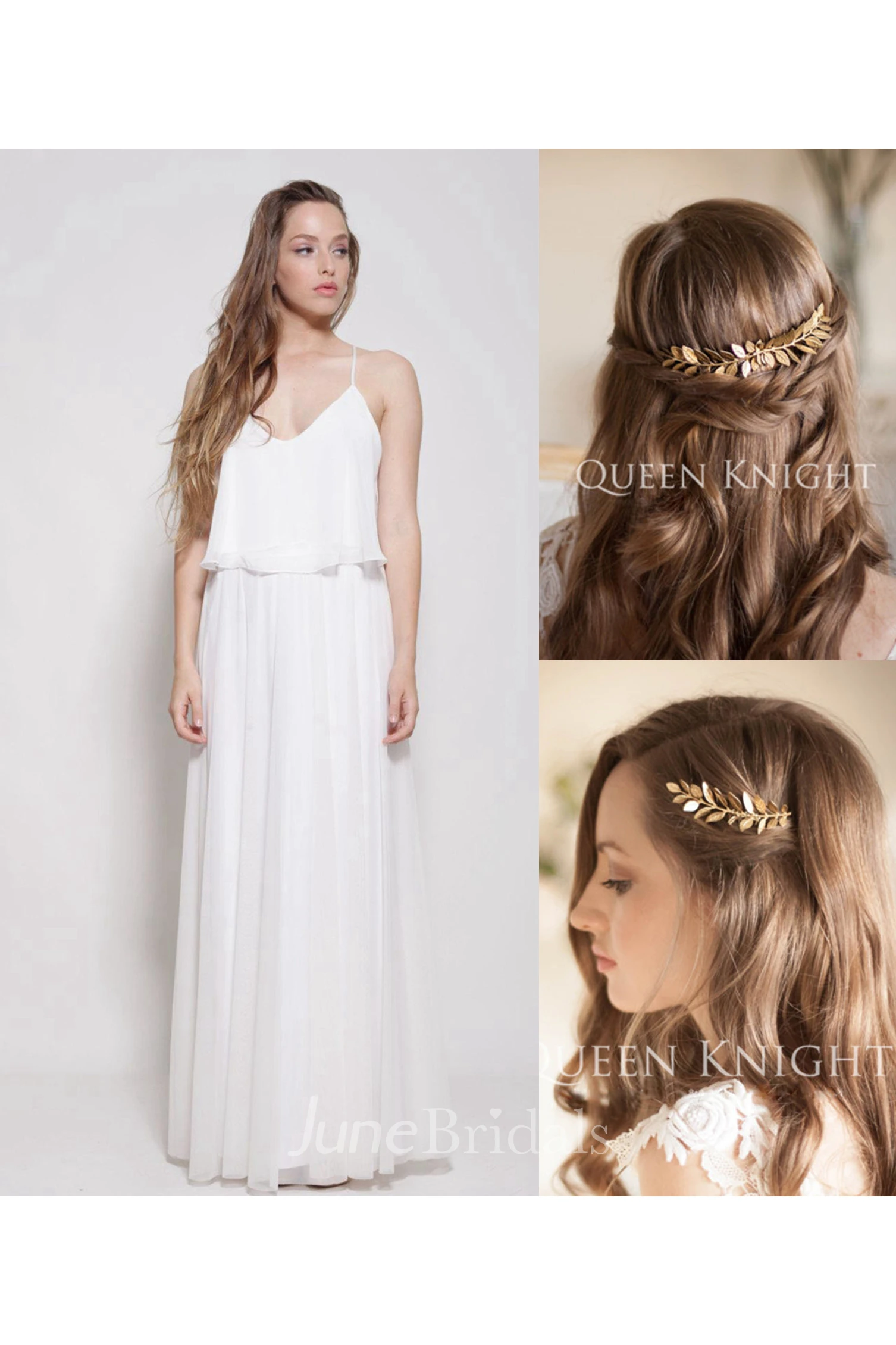 Chiffon Lace Weddig Dress With Embroideries and Vintage Western Style Style Golden Olive Leaf Hair Comb