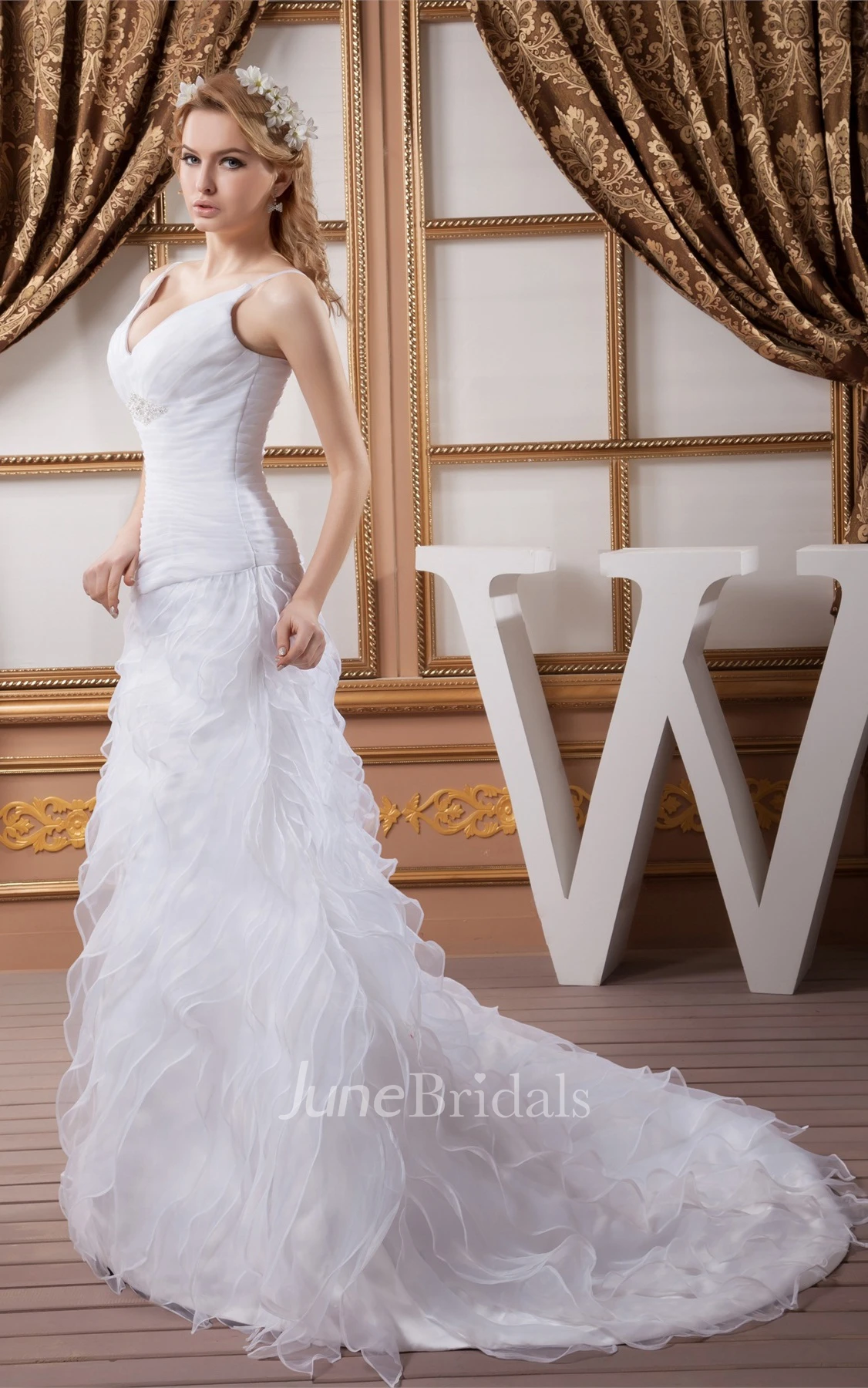 Plunged Criss-Cross A-Line Dress with Broach and Side Draping