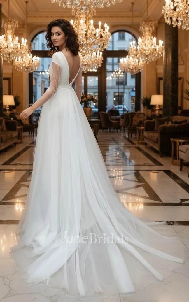 A Line Long Sleeve Tulle Wedding Dress Plunging V-Neck Train Gown with Slit & Sash