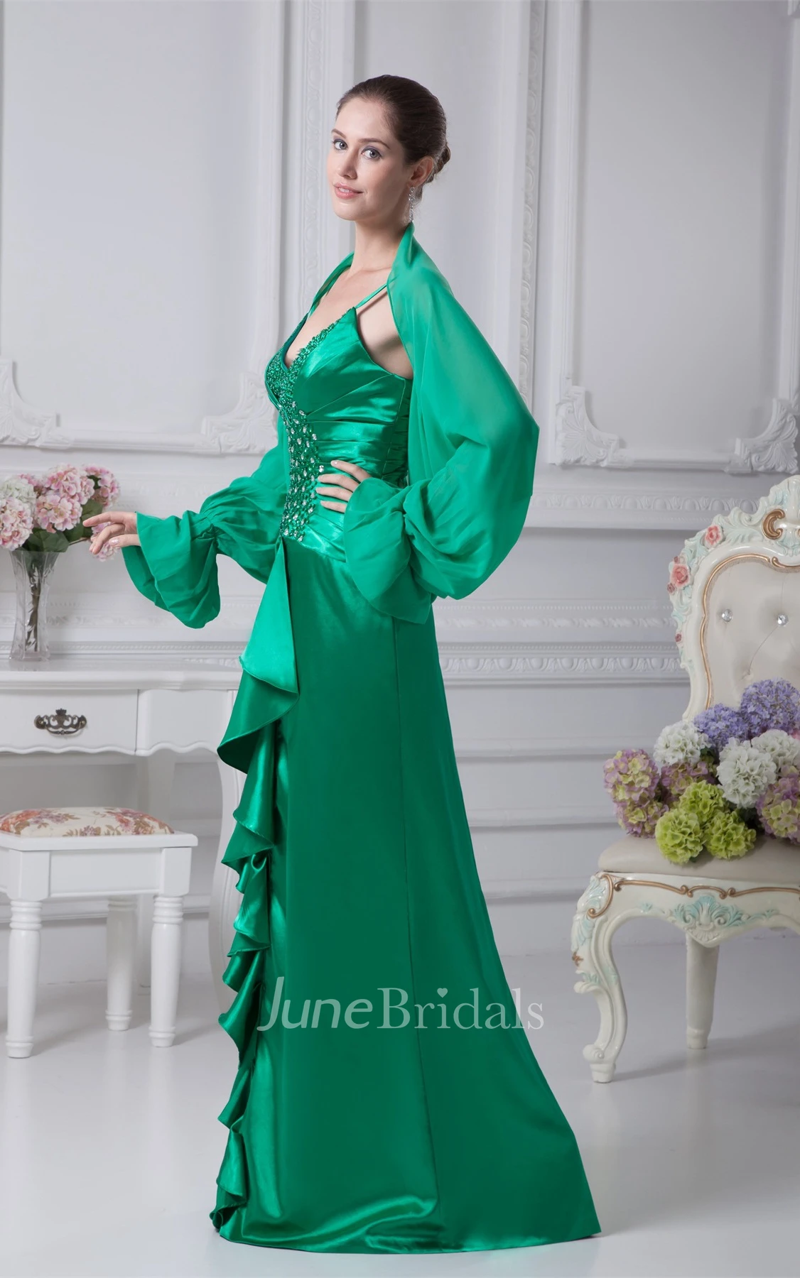 Spaghetti-Strap Ruched Satin Gown with Bolero and Crystal Detailing