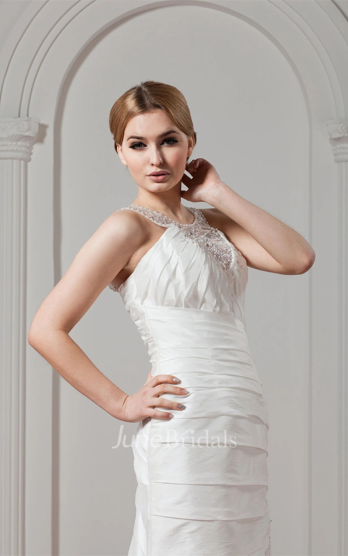 Sleeveless Column Ruched Gown with Appliques and Jeweled Neckline