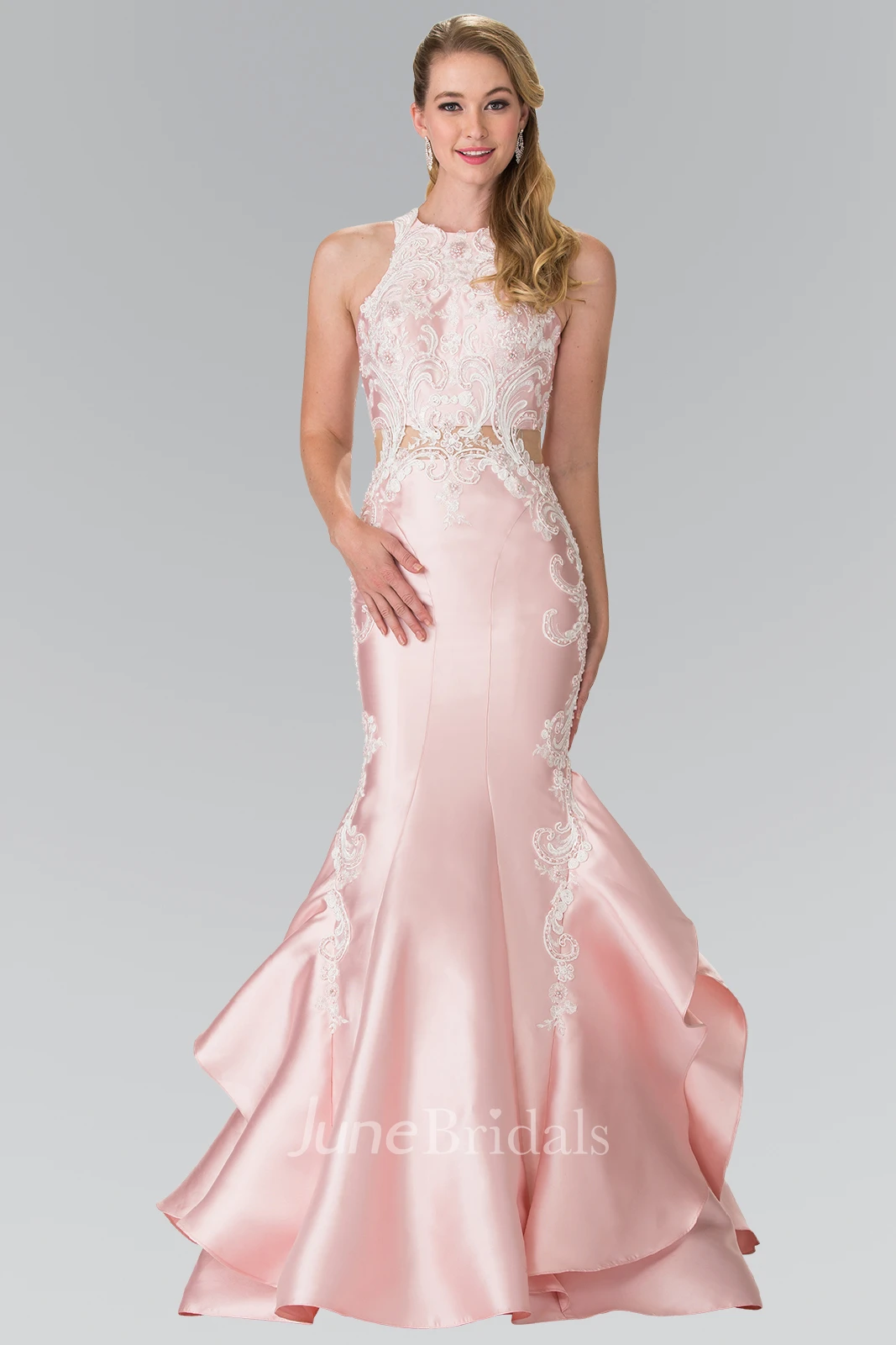 Mermaid Long Jewel-Neck Sleeveless Satin Dress With Appliques And Draping