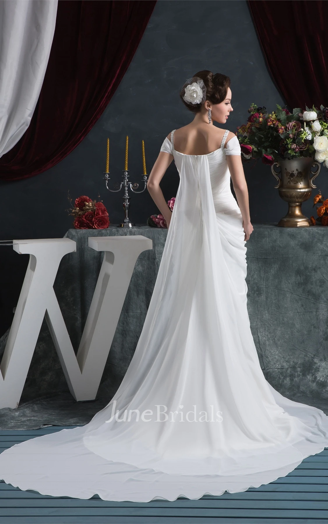 Chiffon Criss-Cross Maxi Dress with Draping and Sweep Train