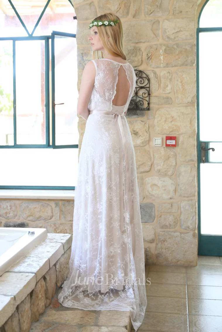 Plunged Sleeveless Lace Sheath Wedding Dress With Keyhole And Ribbon