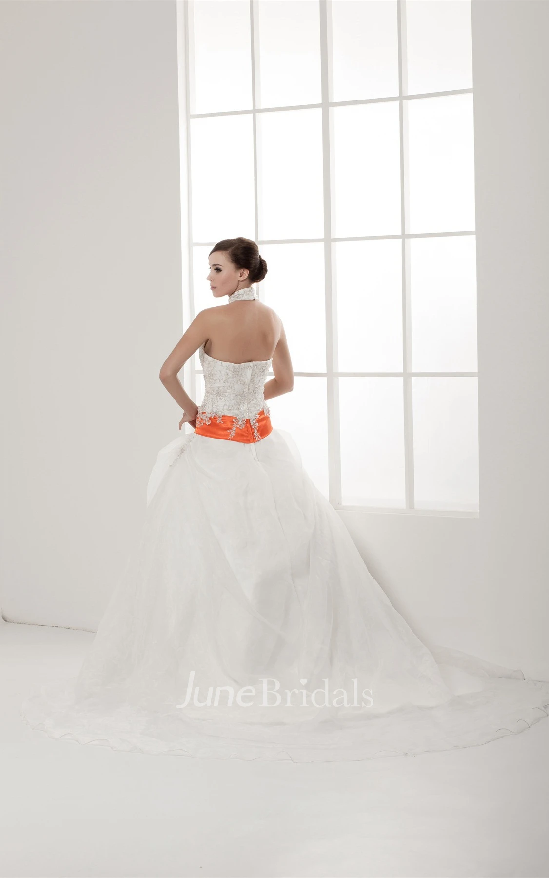 Sleeveless A-Line Pick-Up Gown with Collar and Appliques