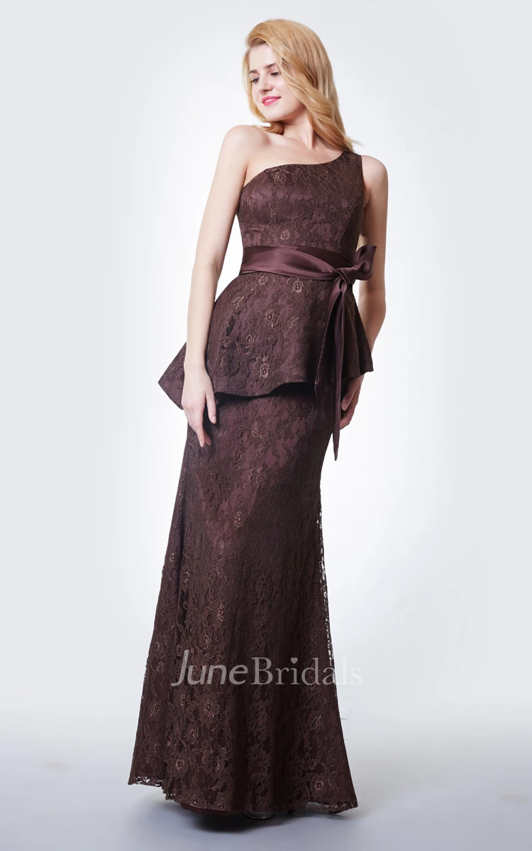 Slinky Trumpet Long Lace Dress With Peplum and Satin Sash