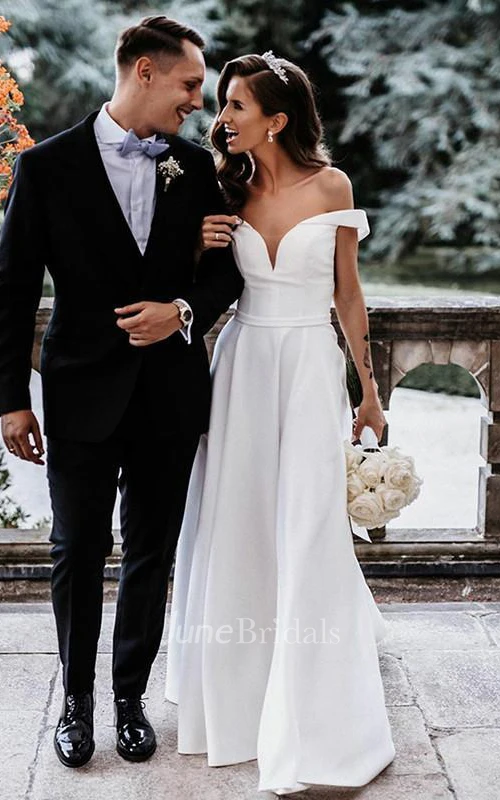 Casual Satin Off-the-shoulder A Line Floor-length Wedding Dress with Split Front