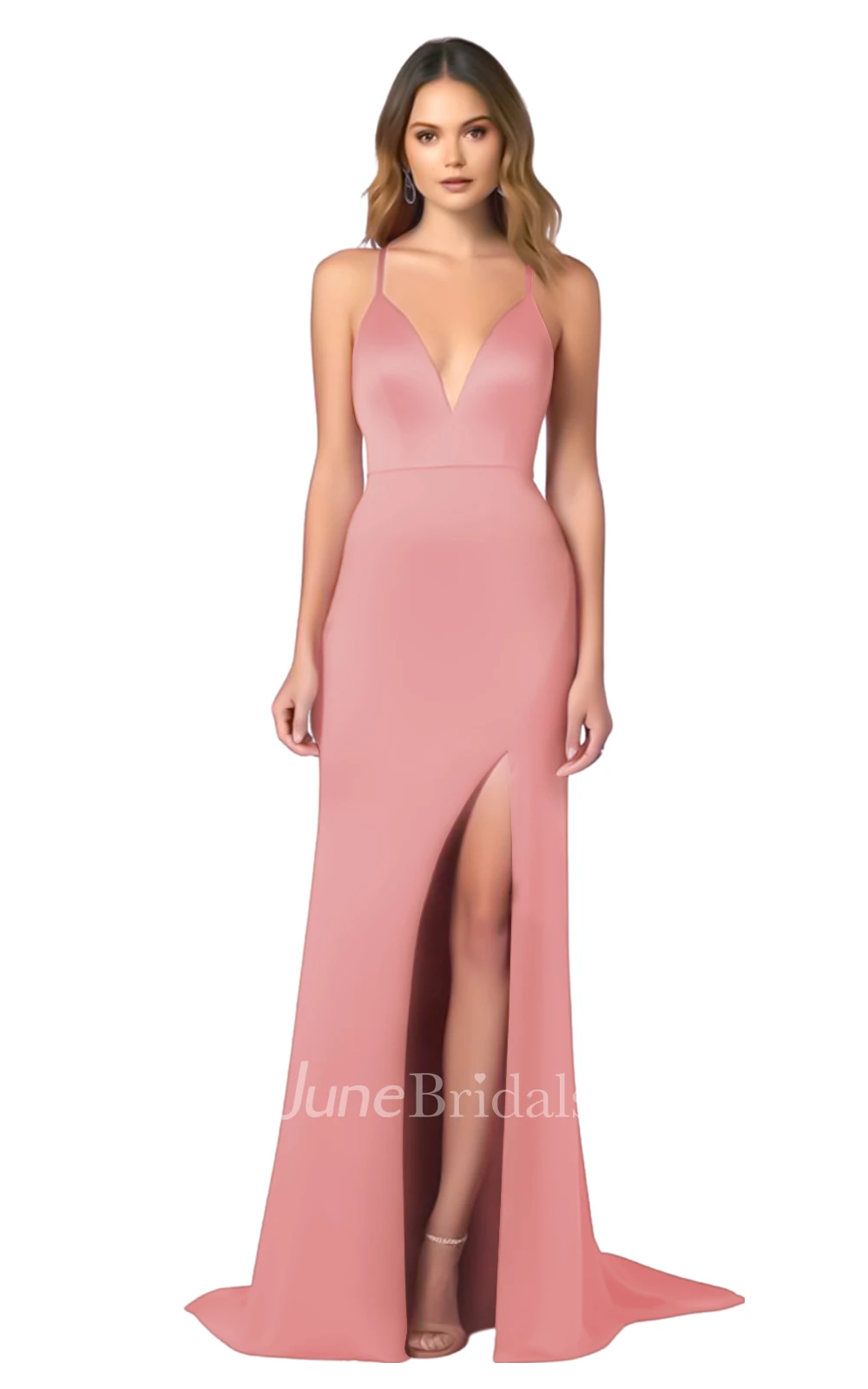 Modern A-Line Spaghetti V-neck Satin Bridesmaid Dress with Split Front