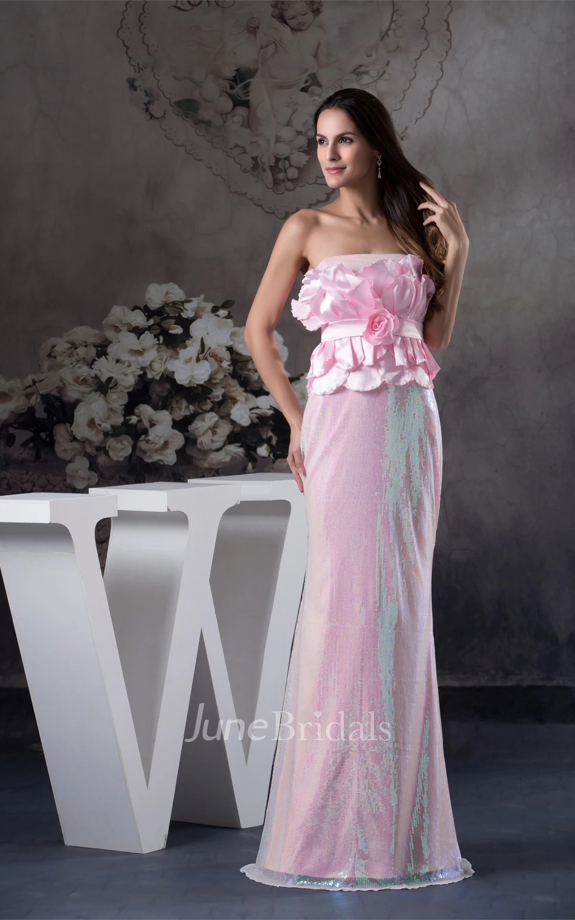 Strapless Sheath Floor-Length Dress with Flower and Ruffled Top