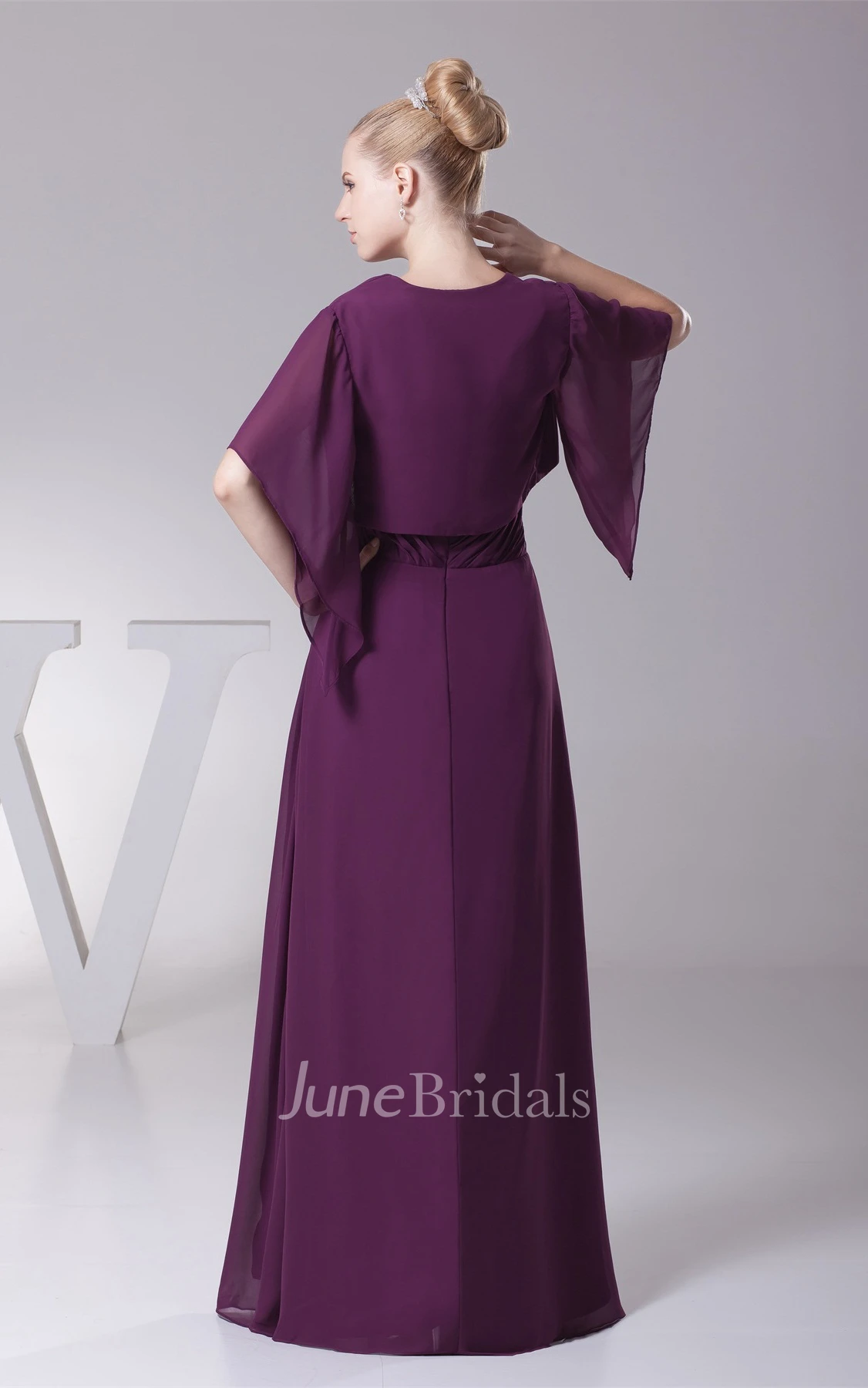Plunged Criss-Cross Chiffon Maxi Dress with Broach and Bolero