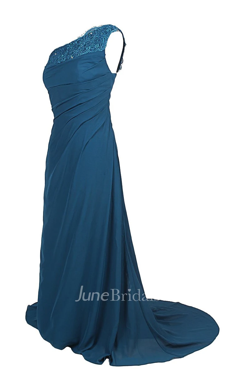 One-shoulder Sweep Train With Ruching and Zipper Back