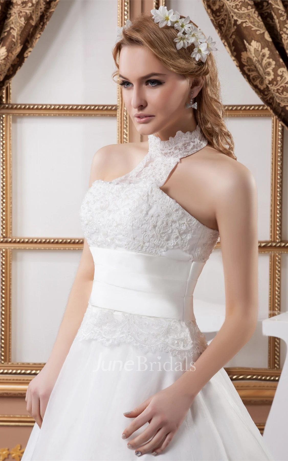 High-Neck Sleeveless A-Line Dress with Appliques and Fitted Waist