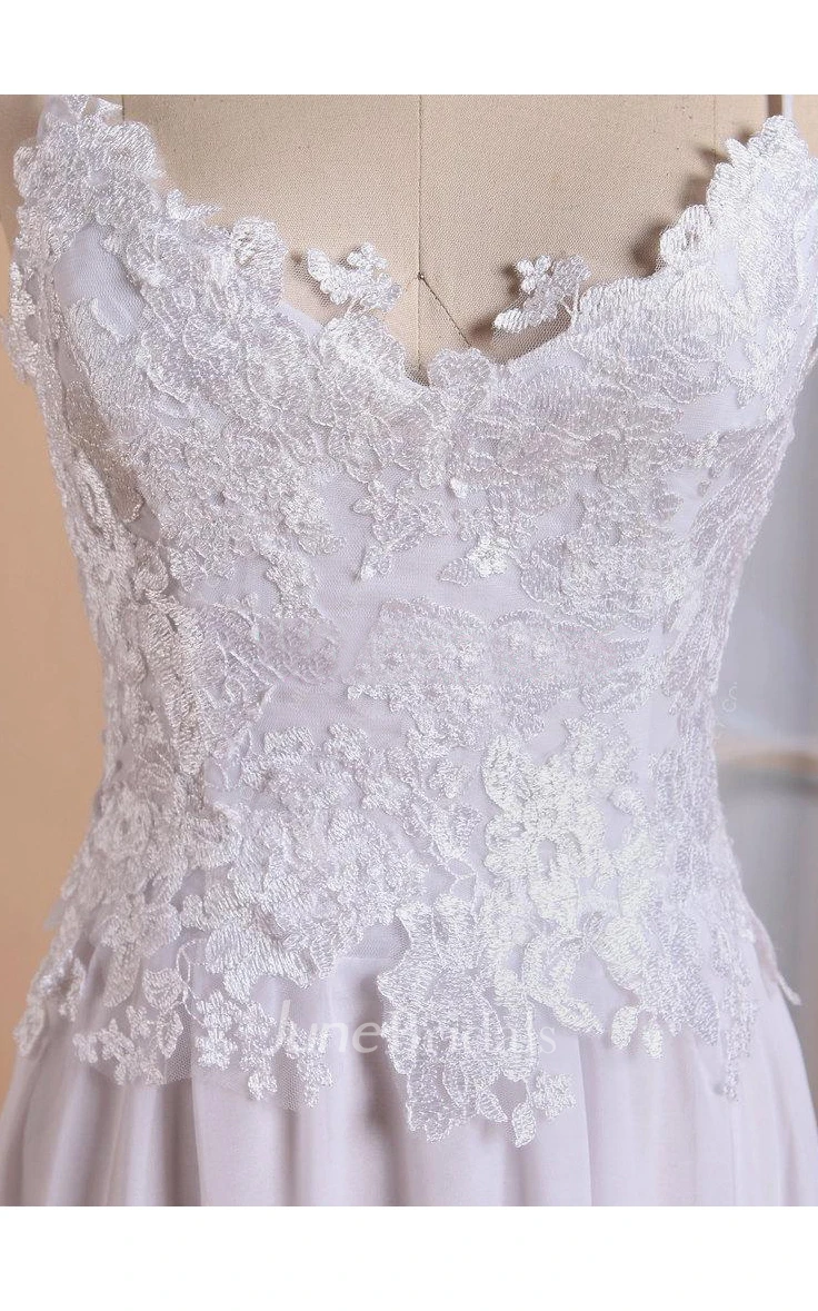 Spaghetti Neck Backless Sheath Long Chiffon Wedding Dress With Appliques