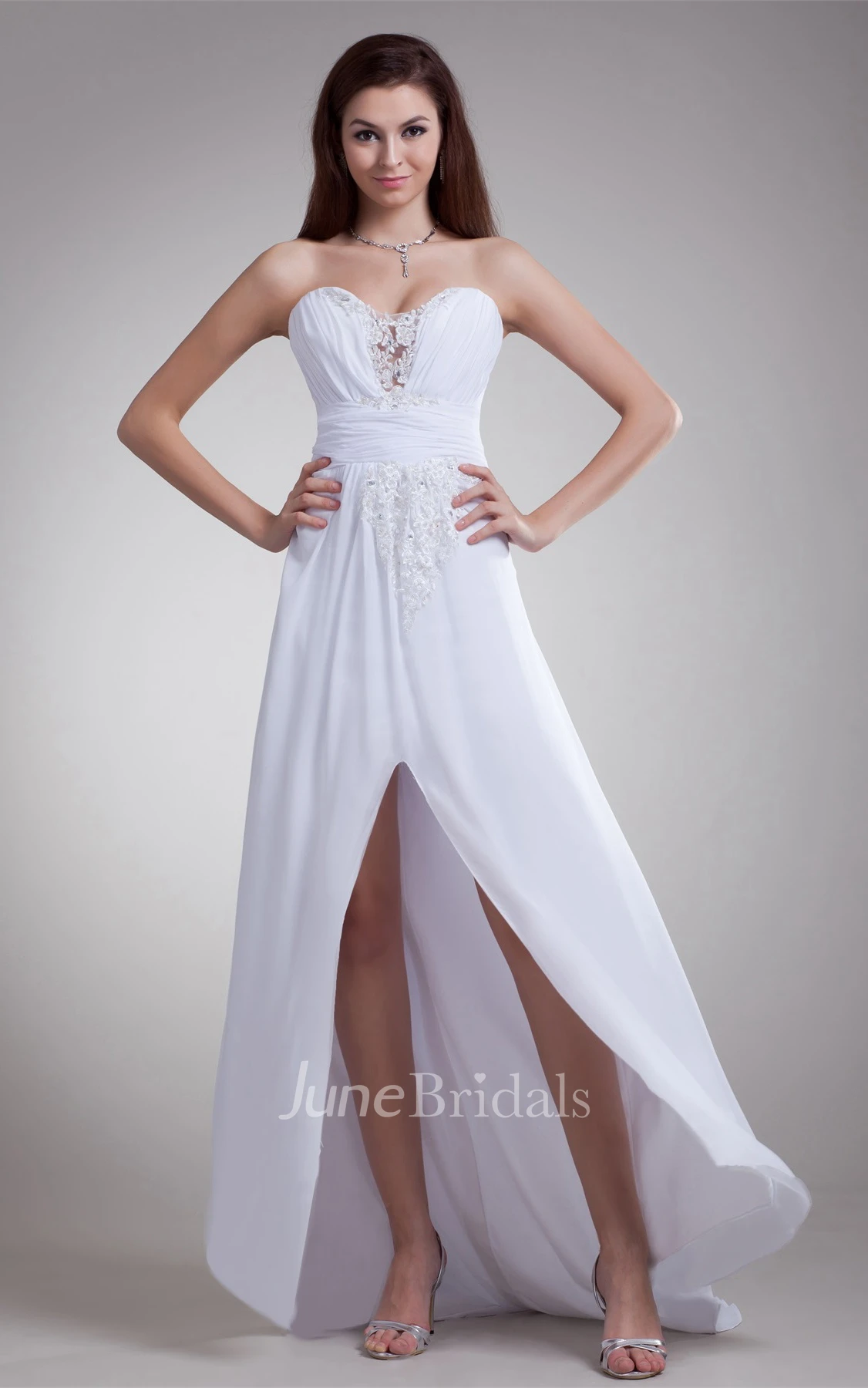 Chiffon Sweetheart Front-Split Dress with Lace and Beading