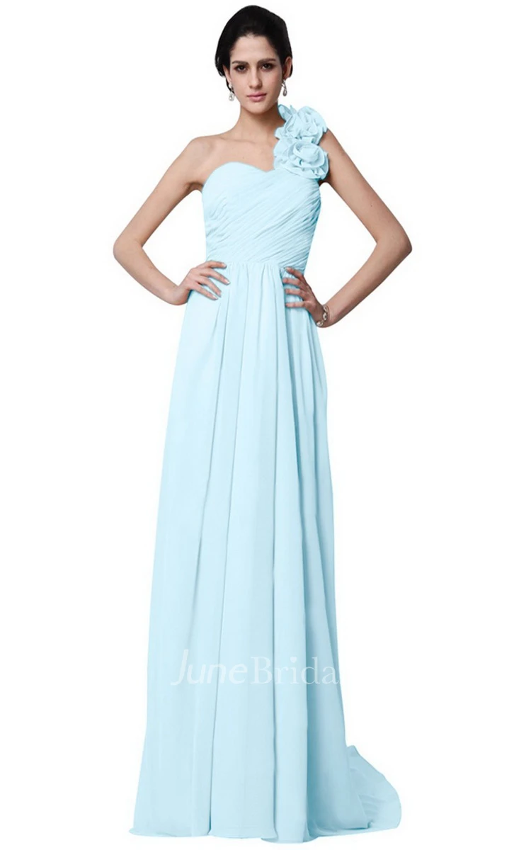 One-shoulder Long Chiffon Dress With Flowers