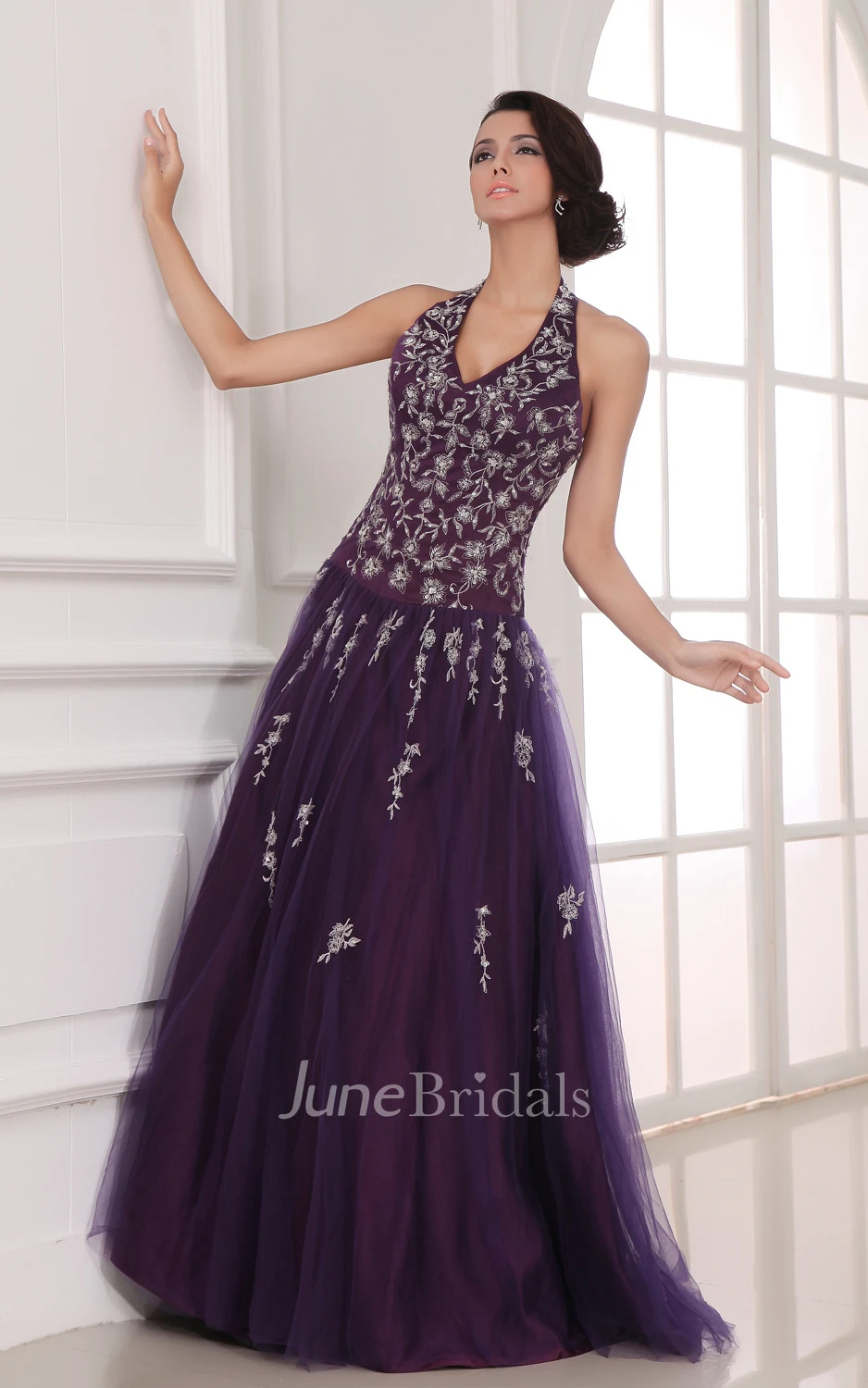 V-Neck A-Line Deep Dress With Laces And Soft Tulle