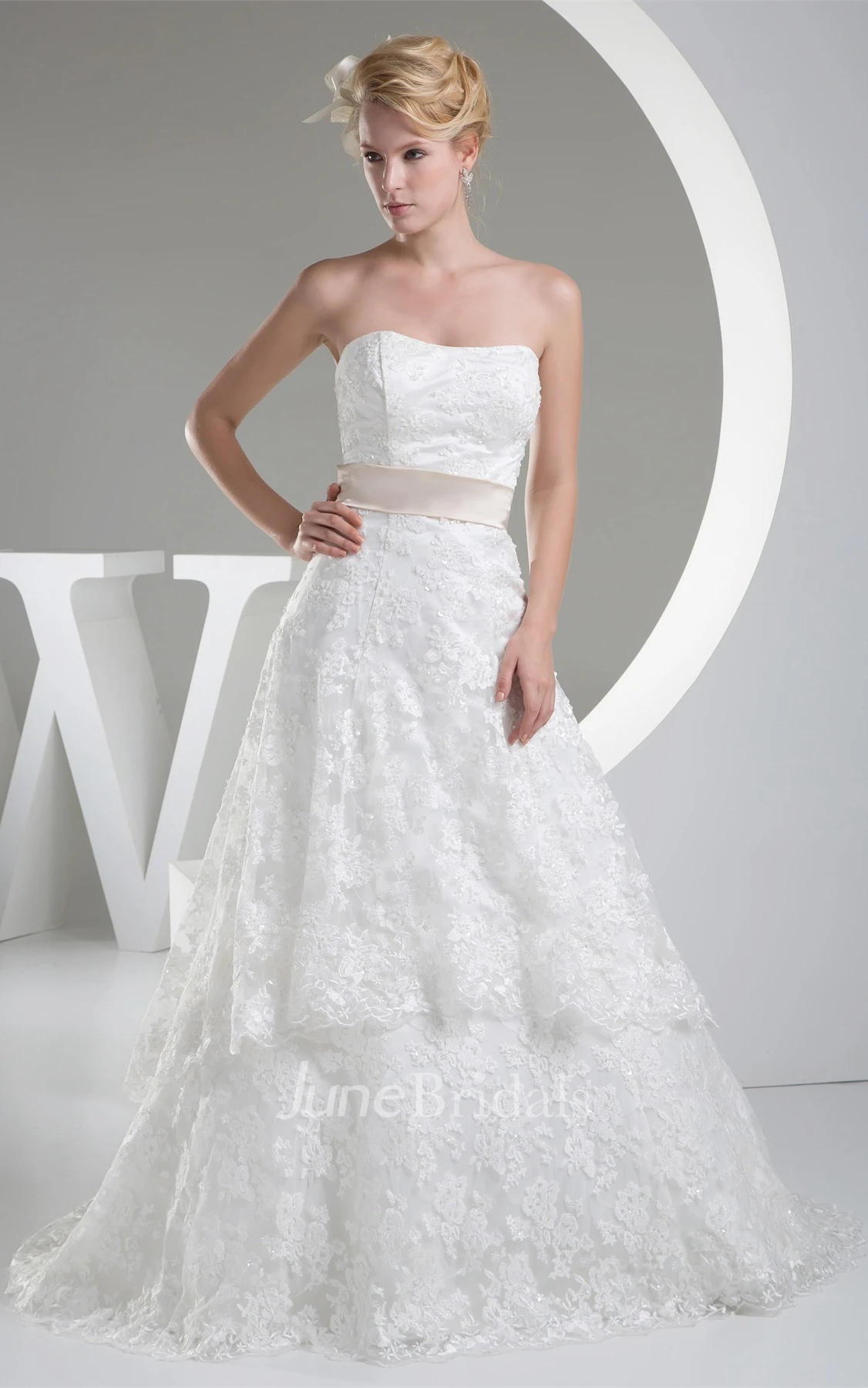 Strapless Lace A-Line Dress with Bolero and Brush Train