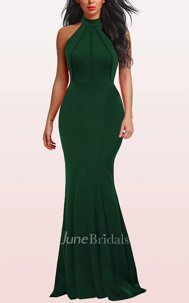 A Line Halter Jersey Sleeveless Prom Evening Dress With Ruffles