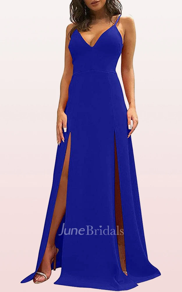 A Line V-neck Satin Sleeveless Formal Dress With Split Front