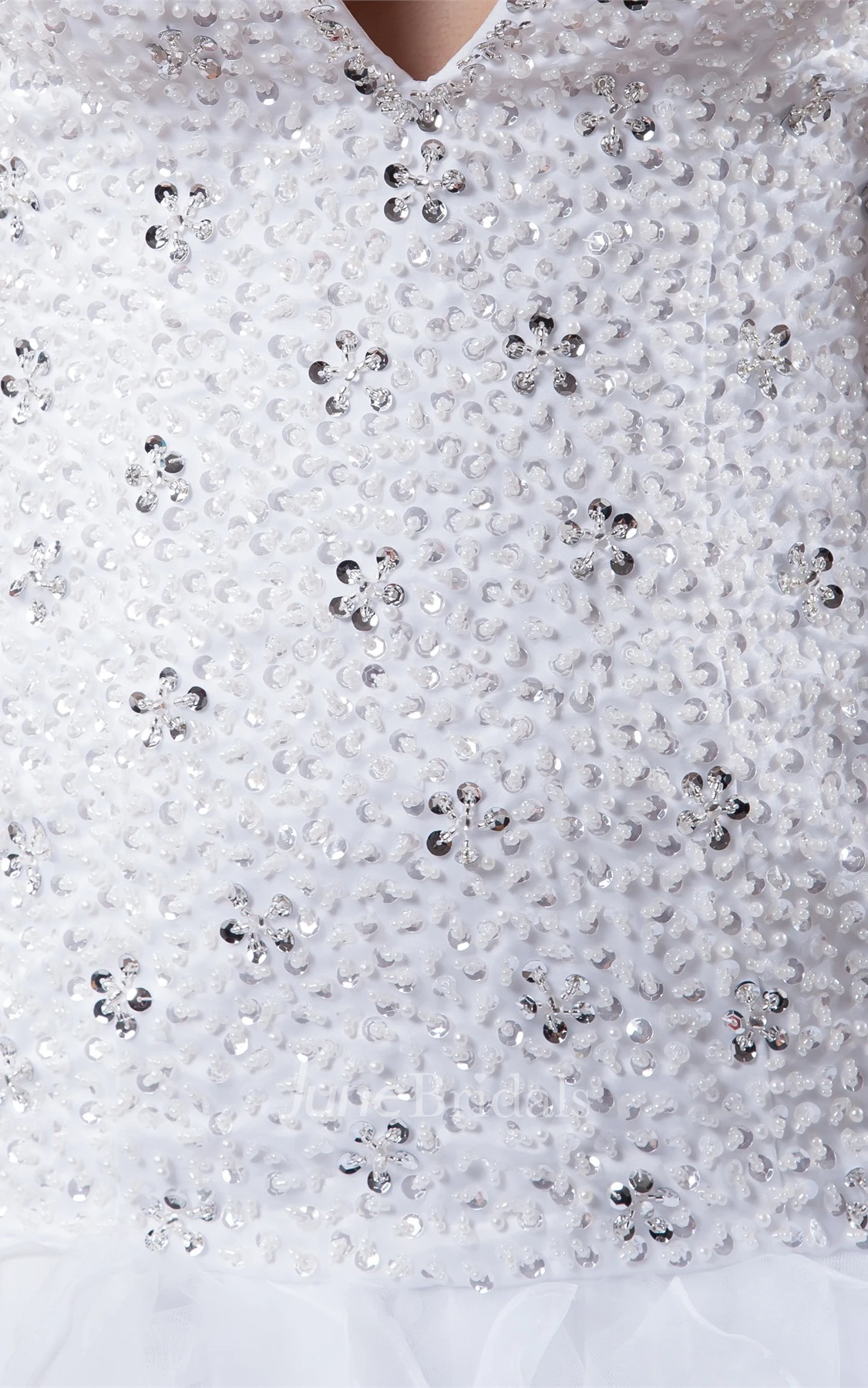 Deep-V-Neck Ruffled A-Line Dress with Crystal Detailing