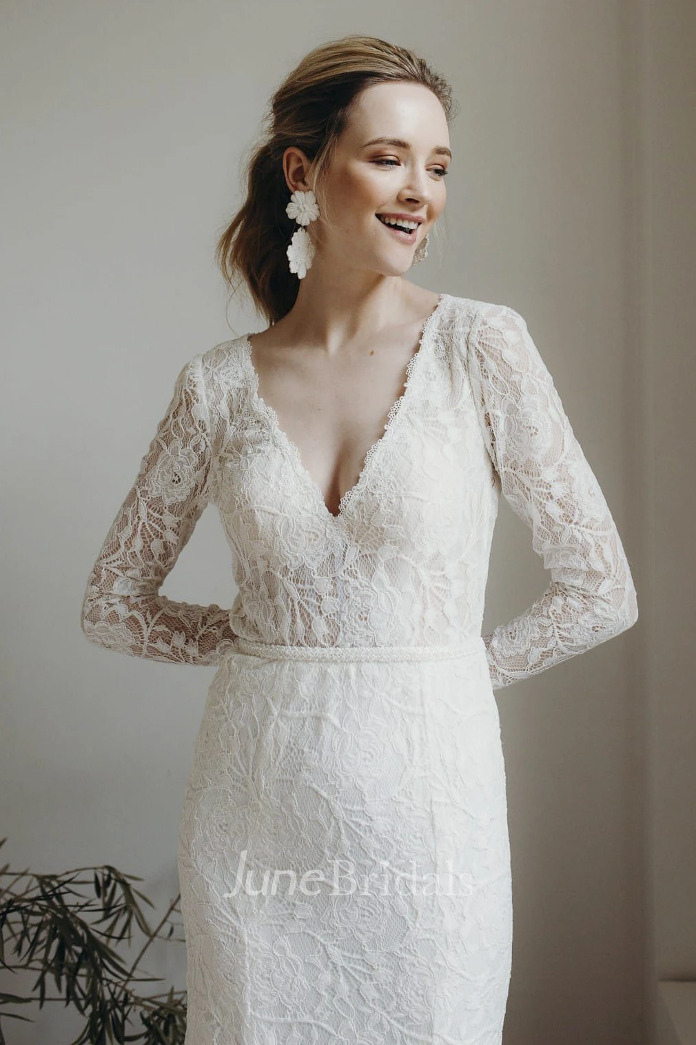 Lace Plunging V-neck Sexy Sheath Bridal Gown With Long Sleeves And Keyhole Back