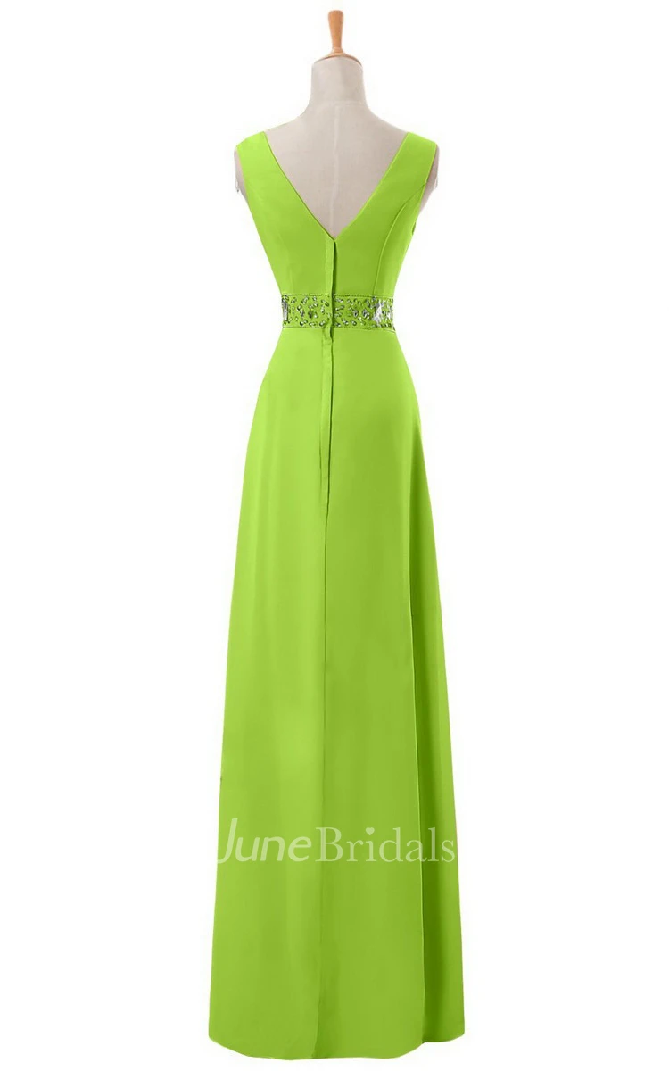 V-neck Long Empire Chiffon Dress With Rhinestones