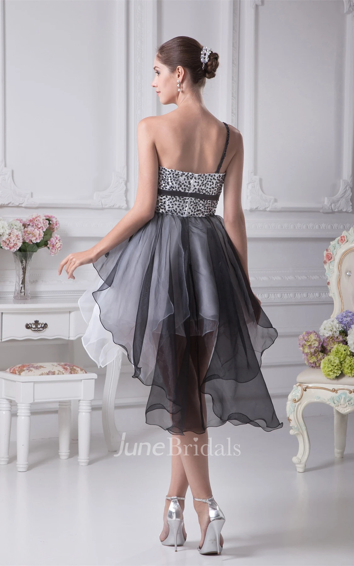 High-Low Flowered One-Shoulder Beaded Bodice Gown with Layered Ruffles