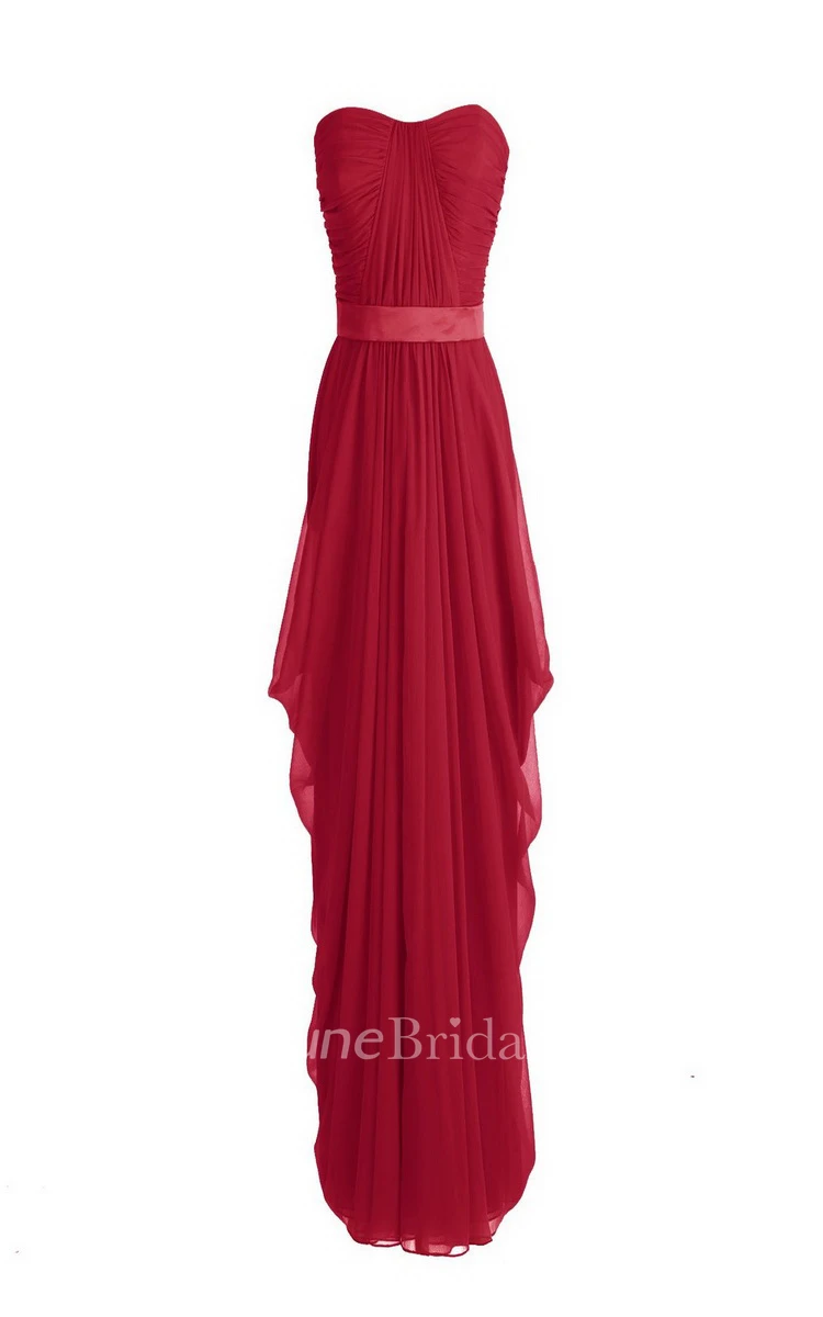 Strapless Asymmetrical Chiffon Gown With Pleats