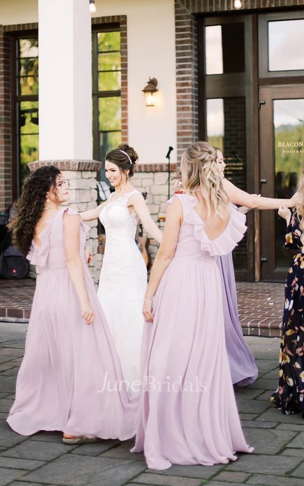 Modern A Line V-neck Chiffon Bridesmaid Dress With Short Sleeves And Low-V Back