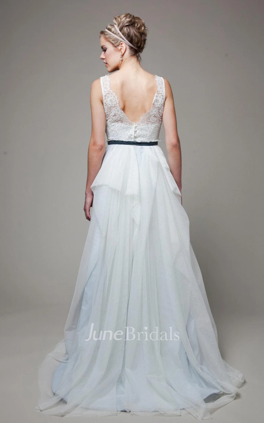 V-Neck Sleeveless Low-V Back Long Tulle Wedding Dress With Sash And Ruffles