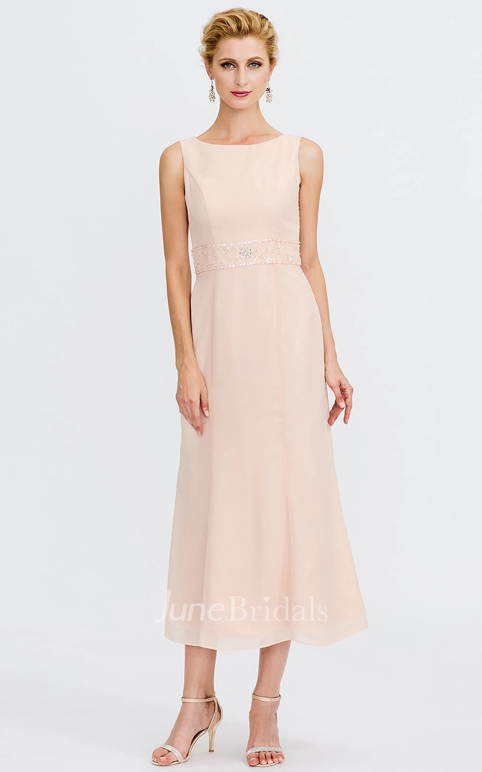 Modest Sheath Chiffon Sleeveless Mother of the Bride Dress Bateau Neck Tea-length Bohemian Elegant