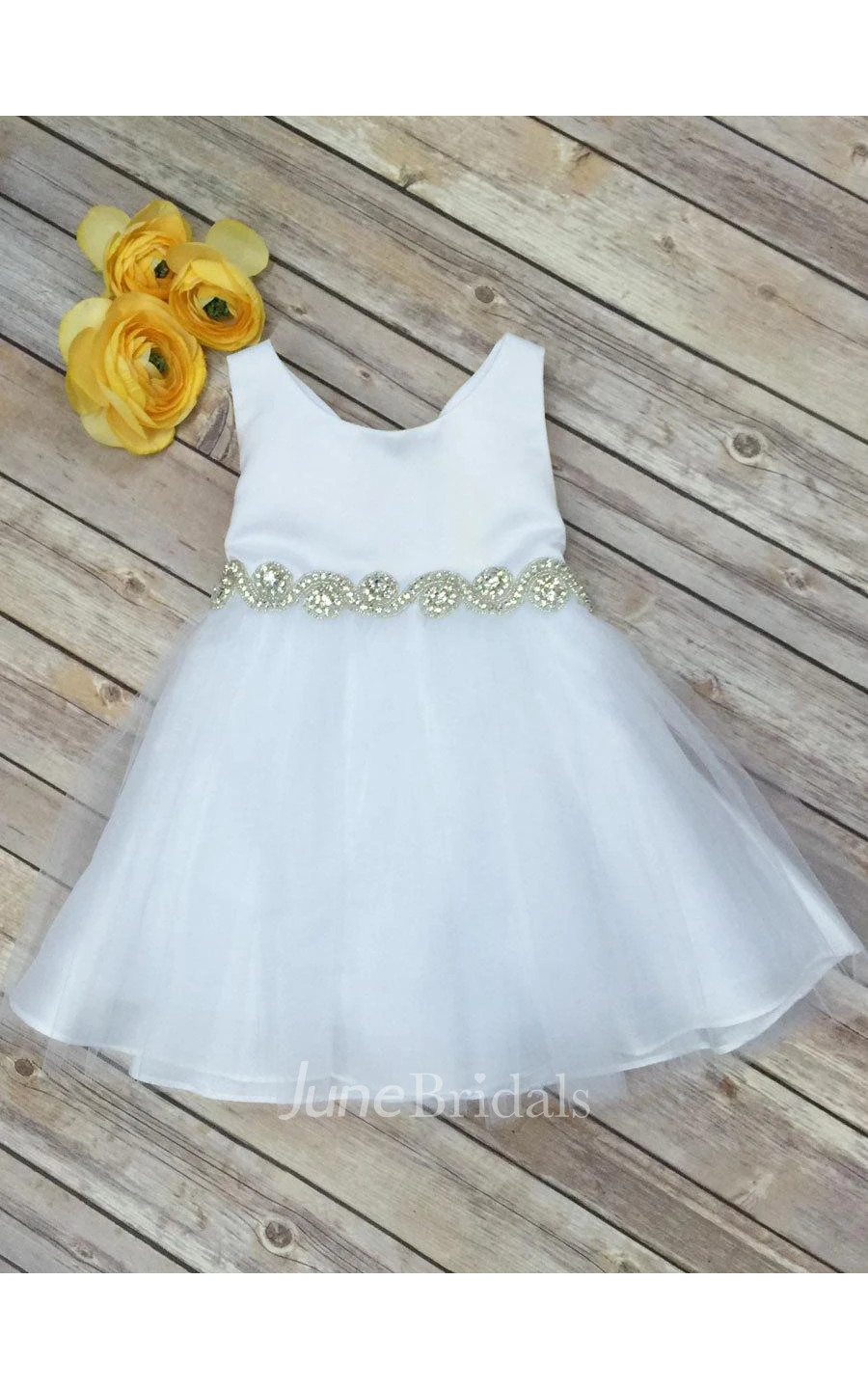 Satin Bodice Sleeveless Tulle Flower Girl Dress With Rhinestone Belt