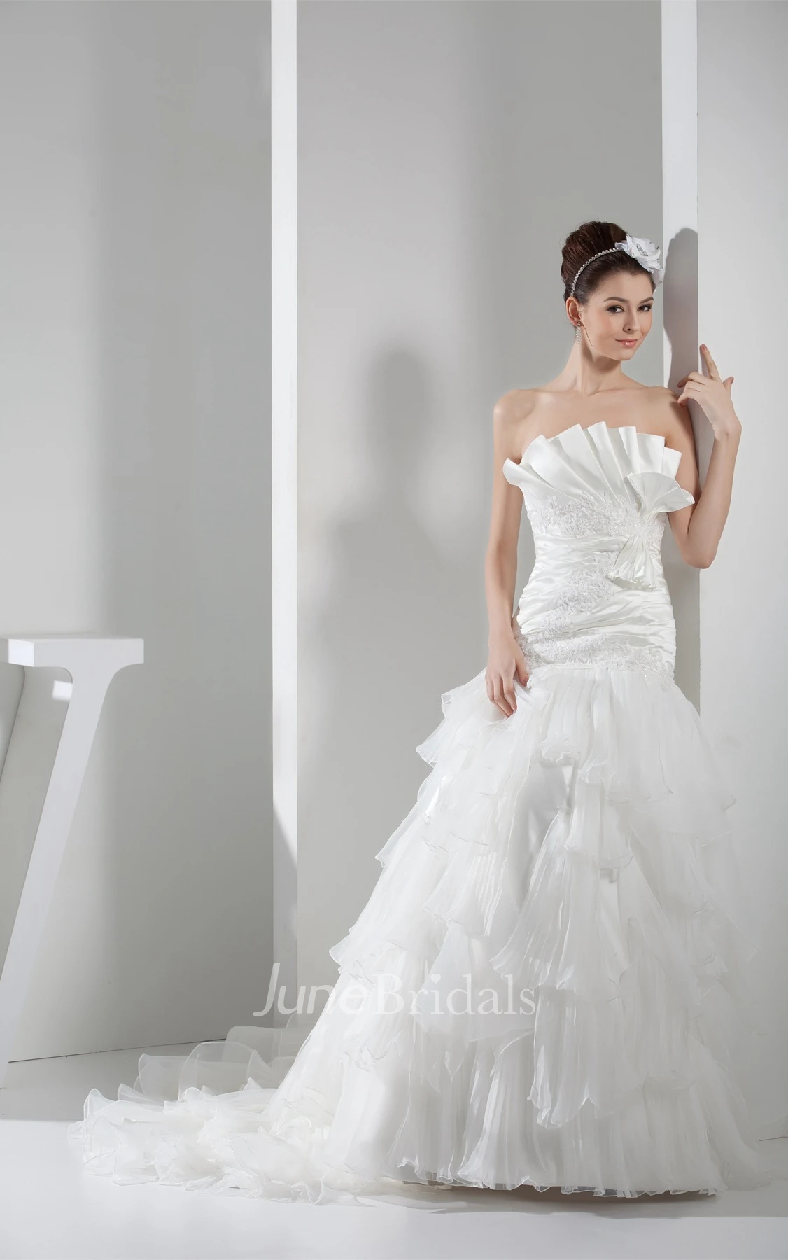 Strapless Tiered A-Line Ball Gown with Bow and Appliques