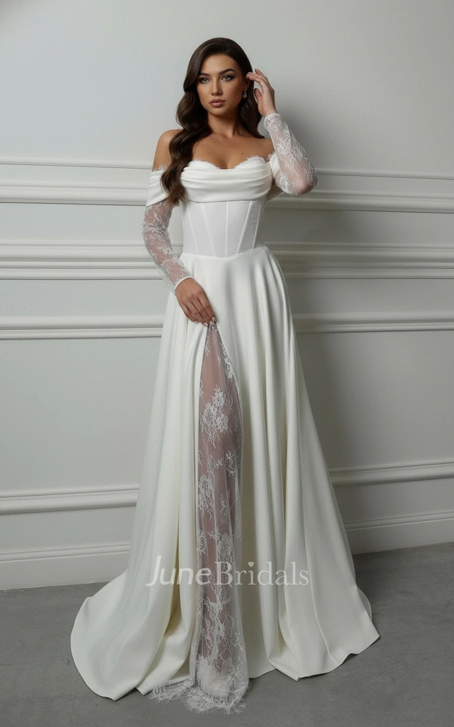 Modern A-Line Off-the-Shoulder Wedding Dress Lace Long Sleeve Corset Gown with High Slit