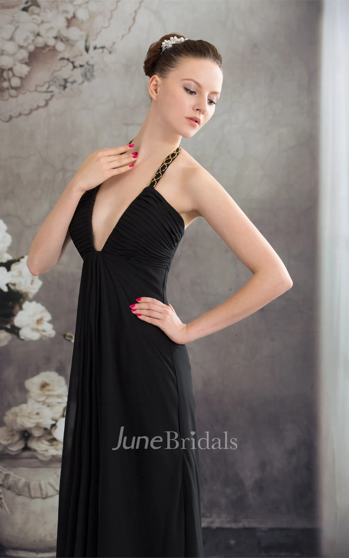 Sexy Sleeveless Deep-V-Neck Ruched A-Line Dress with Zipper Back