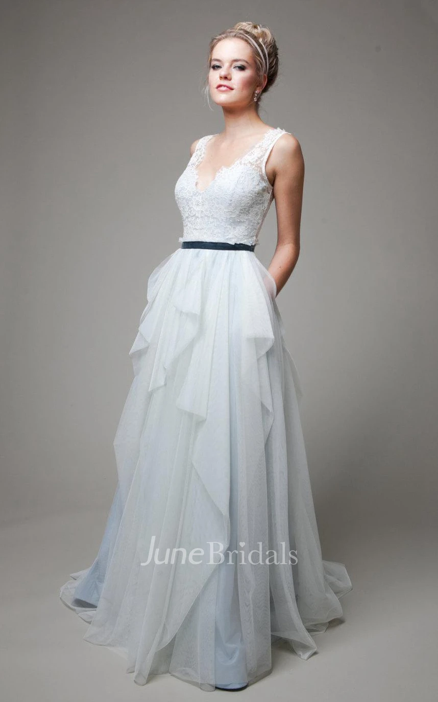 V-Neck Sleeveless Low-V Back Long Tulle Wedding Dress With Sash And Ruffles